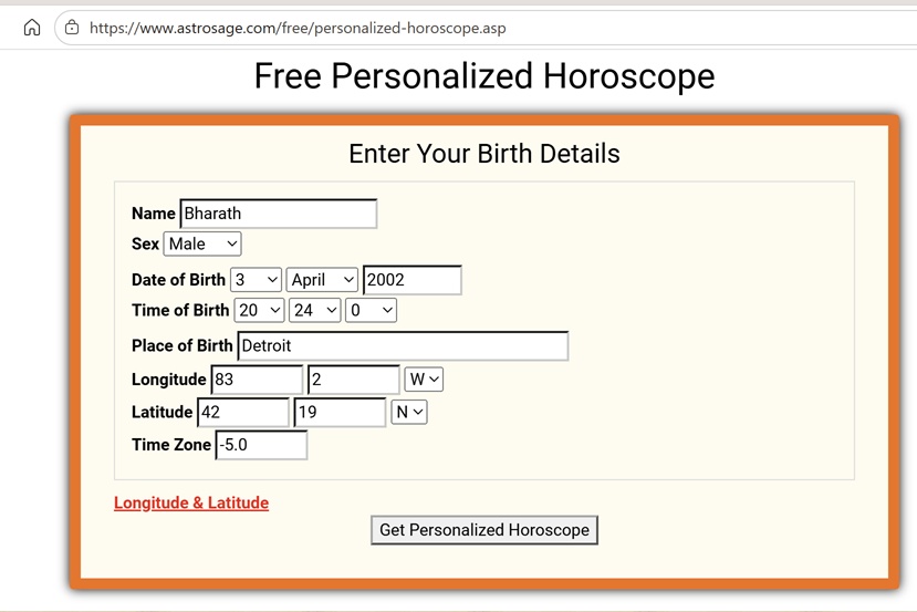 AstroSage birth-details entry: Bharath, 3 April 2002, 20:24, Detroit, time zone -5.0