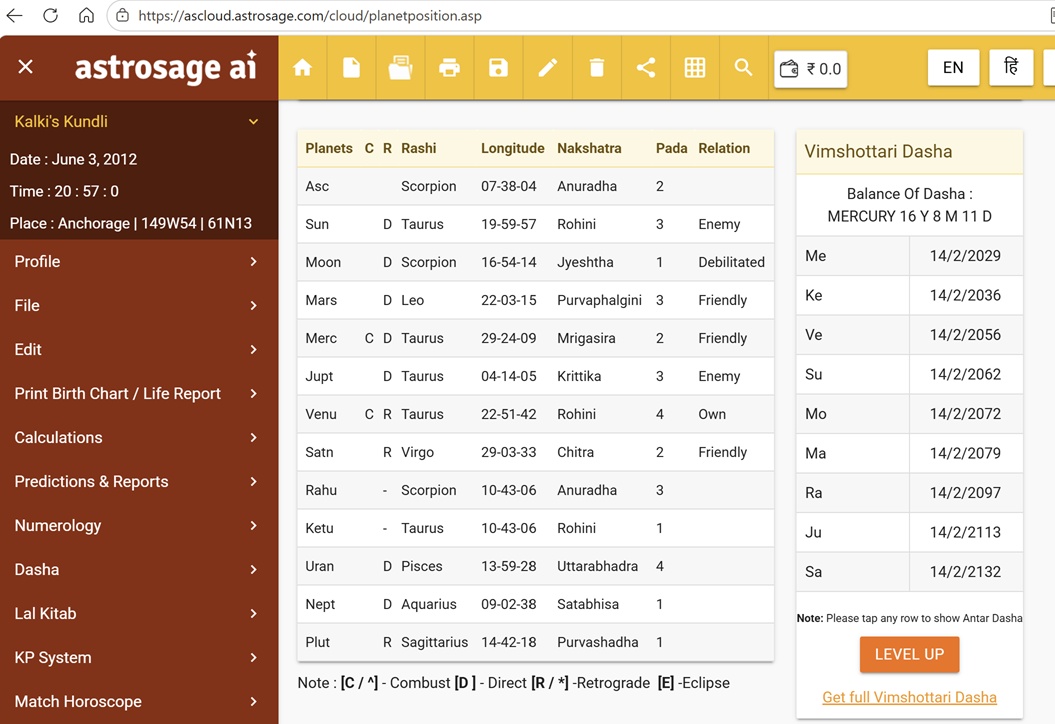 AstroSage table: Moon Scorpio 16-54-14 Jyeshtha 1; Ascendant Scorpio 07-38-04; Mercury dasa balance