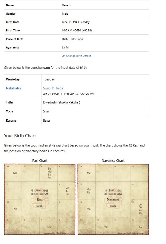 ProKerala birth chart for 15 June 1943, 06:00, Delhi — input summary showing Birth Time 6:00 AM +0630 (+06:30), and the South-Indian Rasi chart with the Ascendant in Vrishabha (Taurus) alongside Sun, Mercury and Saturn.