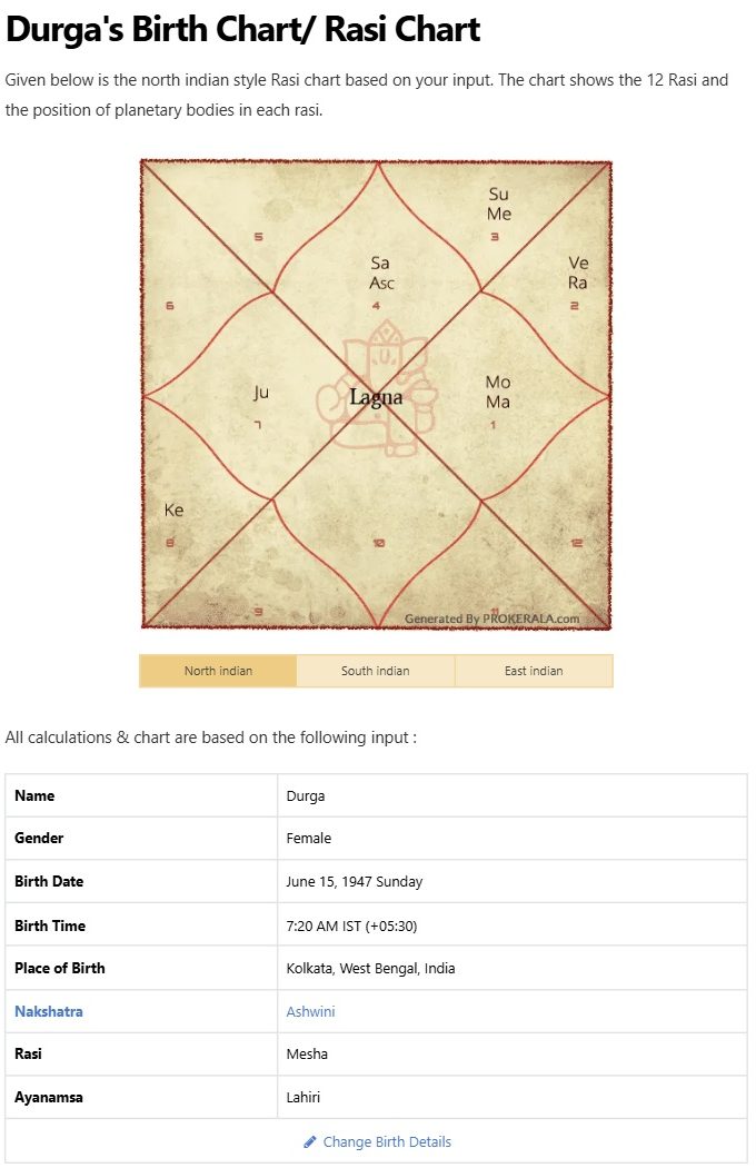 ProKerala birth chart for 15 June 1947, 07:20, Kolkata — input summary reading Birth Time 7:20 AM IST (+05:30), with the North Indian chart placing the Ascendant with Saturn in Karka.
